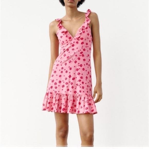 Zara  pink ruffled printed mini dress M - Picture 1 of 7